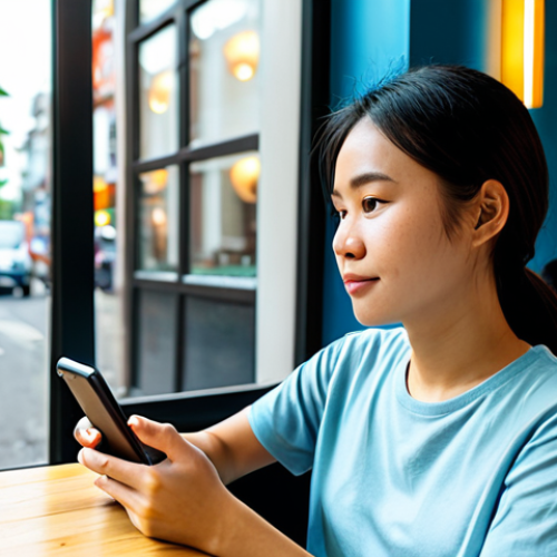 Home 24 A modern Vietnamese Gen Z woman, mid-20s, wearing a stylish yet modest casual outfit, such as a well-fitting t-shirt and jeans. She is sitting comfortably in a brightly lit, modern Vietnamese cafe, holding a smartphone and looking at the screen with an engaged, thoughtful expression, browsing online reviews or product comparisons for a tech gadget. There is a subtle hint of vibrant city life outside a large window in the background. The cafe features minimalist decor, comfortable seating, and soft lighting, reflecting urban consumer trends. Professional photography, high resolution, natural lighting, perfect anatomy, correct proportions, well-formed hands, proper finger count, natural pose, safe for work, appropriate content, fully clothed, modest.