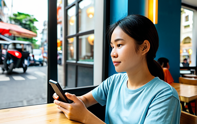 A modern Vietnamese Gen Z woman, mid-20s, wearing a stylish yet modest casual outfit, such as a well-fitting t-shirt and jeans. She is sitting comfortably in a brightly lit, modern Vietnamese cafe, holding a smartphone and looking at the screen with an engaged, thoughtful expression, browsing online reviews or product comparisons for a tech gadget. There is a subtle hint of vibrant city life outside a large window in the background. The cafe features minimalist decor, comfortable seating, and soft lighting, reflecting urban consumer trends. Professional photography, high resolution, natural lighting, perfect anatomy, correct proportions, well-formed hands, proper finger count, natural pose, safe for work, appropriate content, fully clothed, modest.