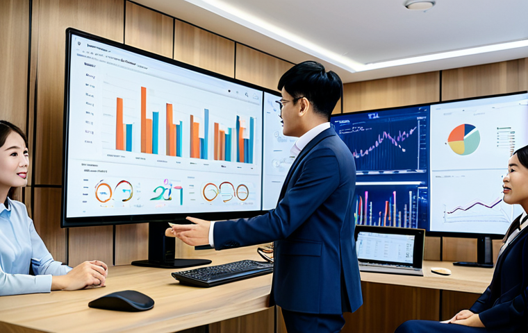 **
A modern Vietnamese office scene. A marketing team is gathered around a large screen displaying customer data analytics. Team members are dressed in professional, modest attire. Focus on data visualization, charts, and a collaborative atmosphere. "Safe for work," "appropriate content," "fully clothed," "professional," "perfect anatomy," "natural proportions," "high quality."
**