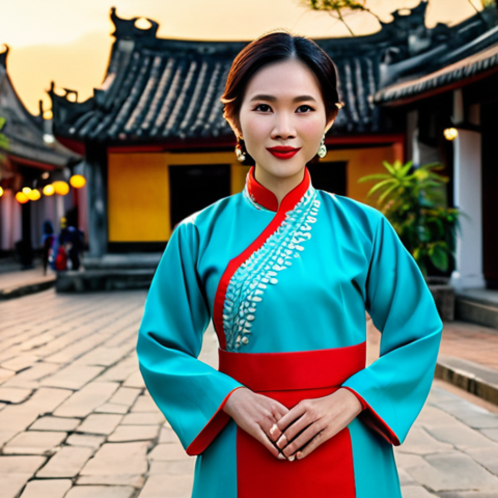 **

"A Vietnamese woman in a traditional Ao Dai, fully clothed, standing in front of the Hội An Ancient Town at sunset, safe for work, appropriate content, professional photography, perfect anatomy, natural proportions, family-friendly, vibrant colors, well-formed hands, proper finger count."

**
