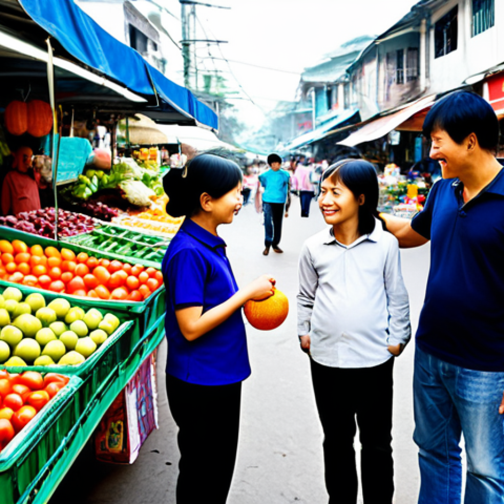 A Family at a Modern Vietnamese Market**

"A family of four browsing a bustling, modern Vietnamese market (chợ). The mother is pointing at colorful fruits, the father is smiling, and the two children are looking at toys. Everyone is fully clothed in modest, comfortable clothing suitable for the warm weather. The market is clean and well-lit, with many vendors displaying their goods. Focus on capturing a sense of joy and family togetherness. Safe for work. Appropriate content. Professional quality, perfect anatomy, correct proportions, natural pose, well-formed hands. Family-friendly."

**