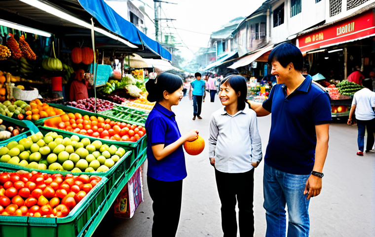 A Family at a Modern Vietnamese Market**
"A family of four browsing a bustling, modern Vietnamese market (chợ). The mother is pointing at colorful fruits, the father is smiling, and the two children are looking at toys. Everyone is fully clothed in modest, comfortable clothing suitable for the warm weather. The market is clean and well-lit, with many vendors displaying their goods. Focus on capturing a sense of joy and family togetherness. Safe for work. Appropriate content. Professional quality, perfect anatomy, correct proportions, natural pose, well-formed hands. Family-friendly."
**