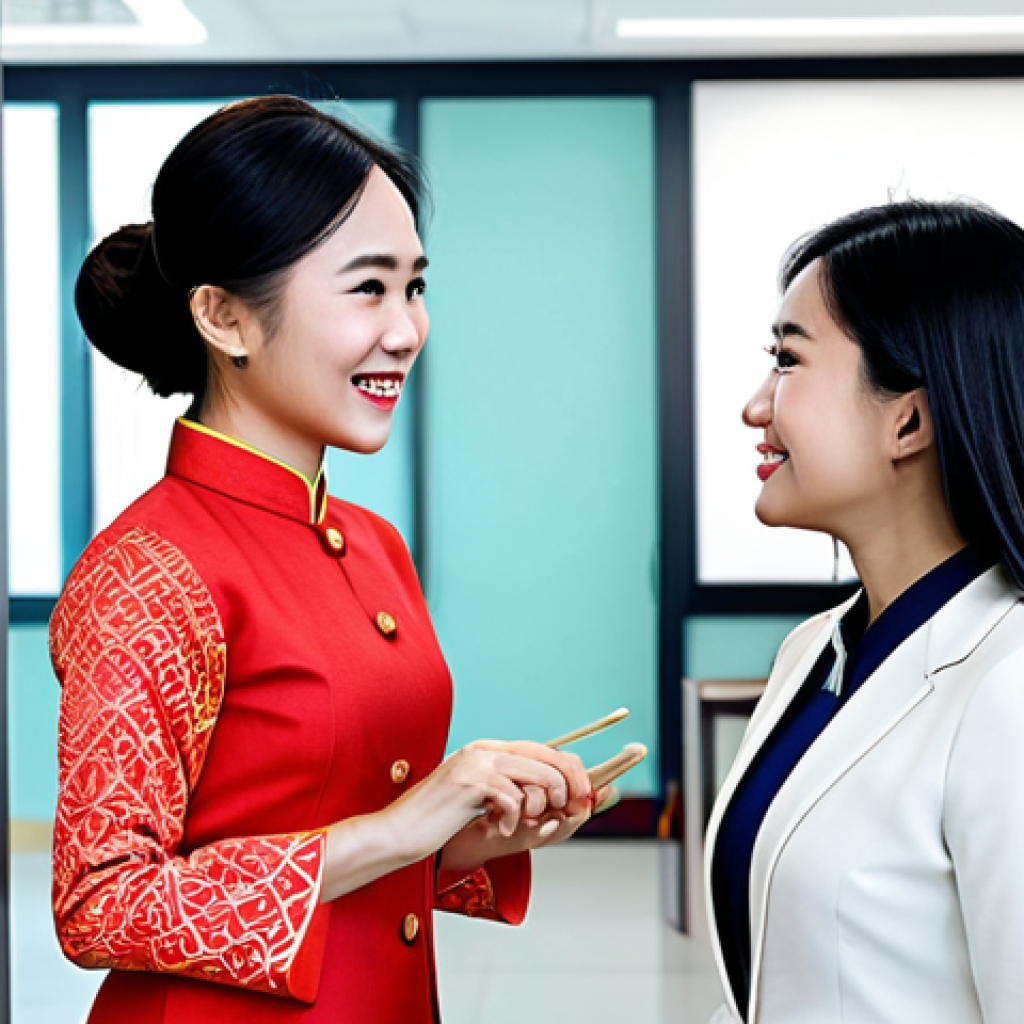 **
A professional businesswoman in a tailored ao dai (traditional Vietnamese dress), interacting with a satisfied customer in a modern co-working space filled with Vietnamese art. The scene conveys trust and positive feedback. Fully clothed, appropriate attire, safe for work, perfect anatomy, natural proportions, professional, family-friendly.
**
