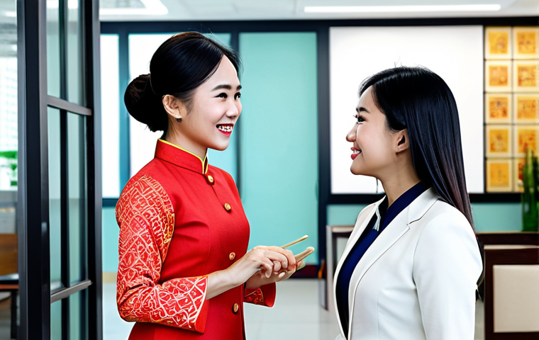 **
A professional businesswoman in a tailored ao dai (traditional Vietnamese dress), interacting with a satisfied customer in a modern co-working space filled with Vietnamese art. The scene conveys trust and positive feedback. Fully clothed, appropriate attire, safe for work, perfect anatomy, natural proportions, professional, family-friendly.
**