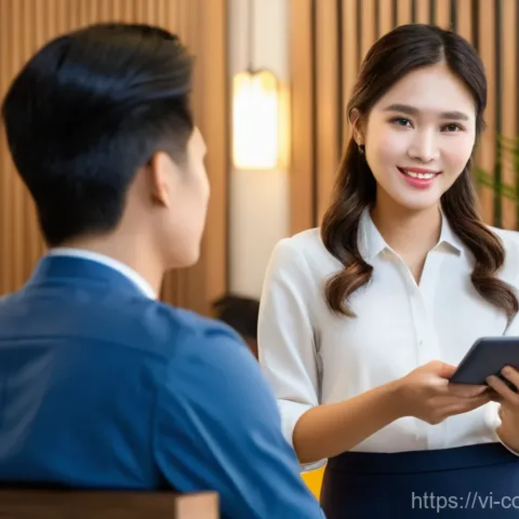 소비자 불만 처리 서비스 개선 방법 - **Prompt:** A modern, clean customer service center in Vietnam. A Vietnamese female customer, dresse...