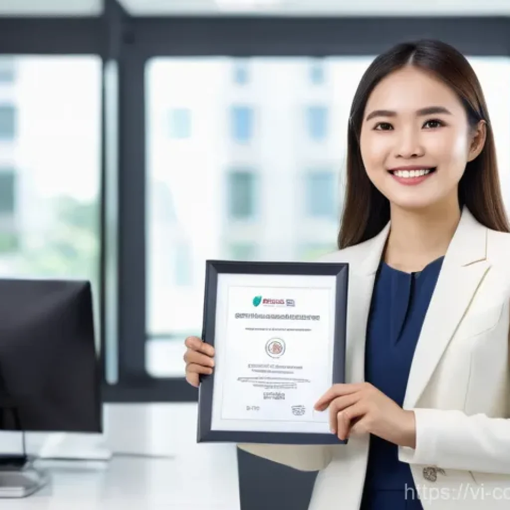 소비자전문기술사와 관련된 자격증 비교 - A confident Vietnamese female professional in her late 20s, dressed in a sleek business blazer and s...