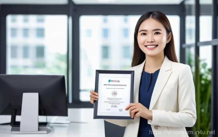 소비자전문기술사와 관련된 자격증 비교 - A confident Vietnamese female professional in her late 20s, dressed in a sleek business blazer and s...