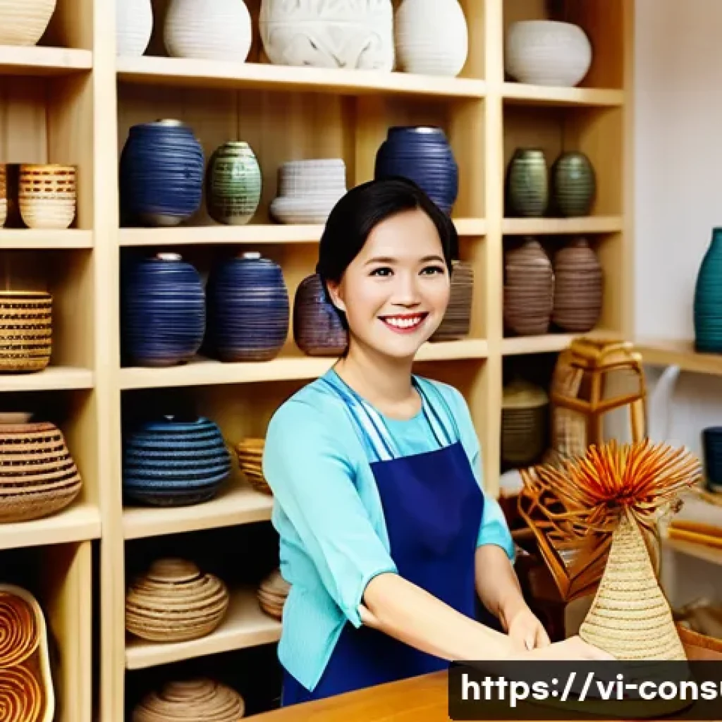 소비자중심 경영 사례 연구와 주요 성공 요인 분석과 탐구 - **Prompt:** A cozy, sunlit interior of a charming Vietnamese handmade craft shop. A friendly female ...