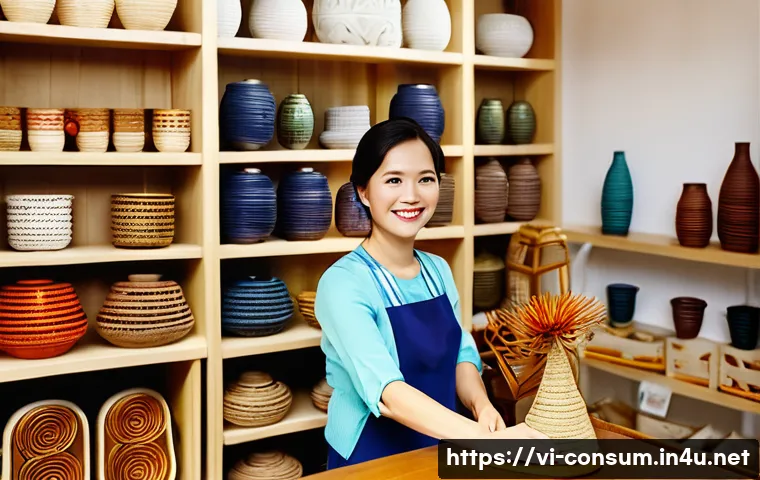 소비자중심 경영 사례 연구와 주요 성공 요인 분석과 탐구 - **Prompt:** A cozy, sunlit interior of a charming Vietnamese handmade craft shop. A friendly female ...