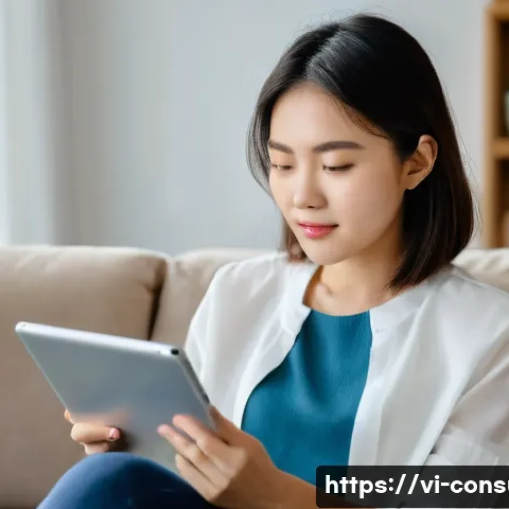 소비자 보호 관련 최신 이슈 - **Smart Online Shopping Research:** A young Vietnamese woman in her late 20s, dressed in a stylish y...