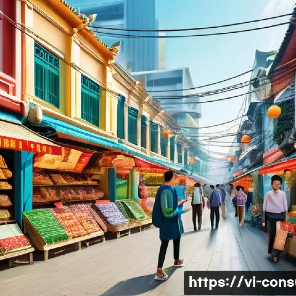 소비자 행동 데이터를 활용한 시장 예측 - A modern Vietnamese marketplace scene illustrating consumer behavior analysis: diverse people of var...