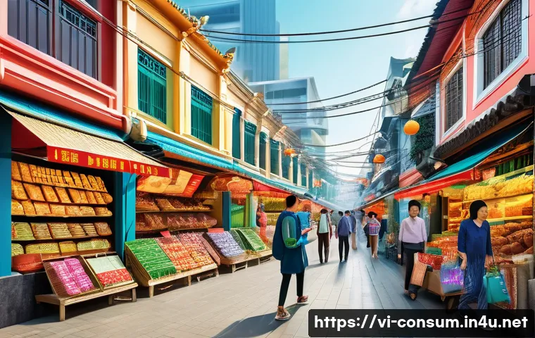 소비자 행동 데이터를 활용한 시장 예측 - A modern Vietnamese marketplace scene illustrating consumer behavior analysis: diverse people of var...