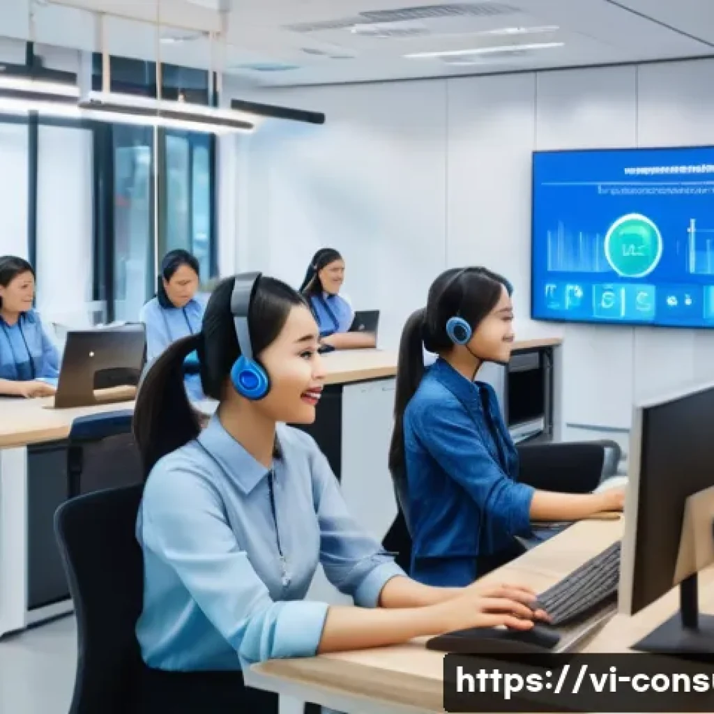 소비자 보호와 관련된 혁신적 연구 동향과 사례 분석 - A modern Vietnamese e-commerce customer service center with diverse employees using AI-powered chatb...