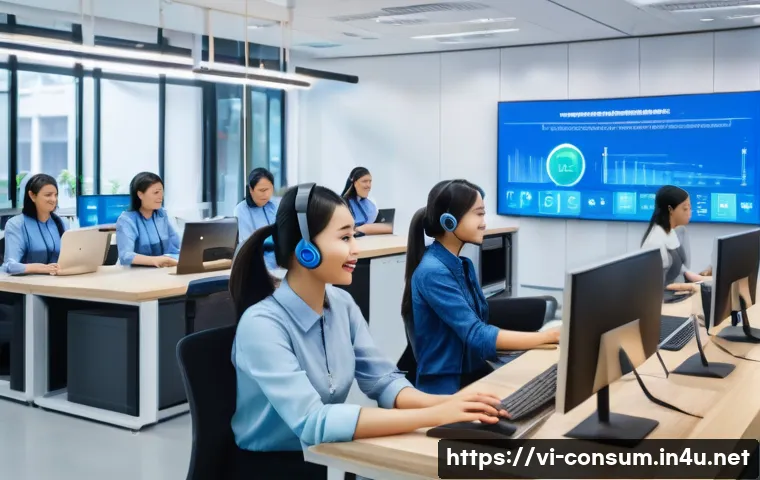 소비자 보호와 관련된 혁신적 연구 동향과 사례 분석 - A modern Vietnamese e-commerce customer service center with diverse employees using AI-powered chatb...