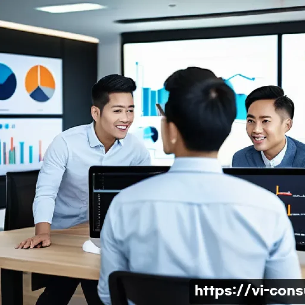 소비자중심 혁신 전략 - A modern Vietnamese business office scene showing a diverse team of professionals analyzing big data...