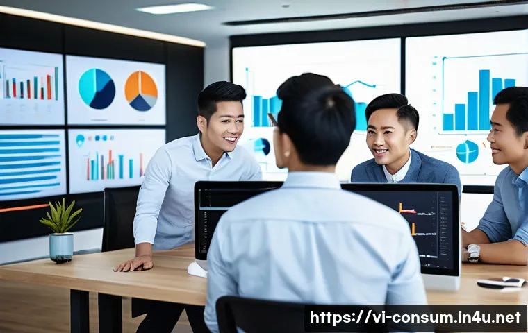 소비자중심 혁신 전략 - A modern Vietnamese business office scene showing a diverse team of professionals analyzing big data...