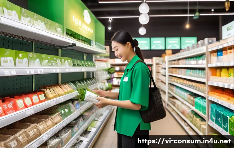 소비자중심 경영 사례와 지속 가능성 전략 연구와 분석 - A modern Vietnamese retail store interior showcasing eco-friendly products prominently displayed on ...