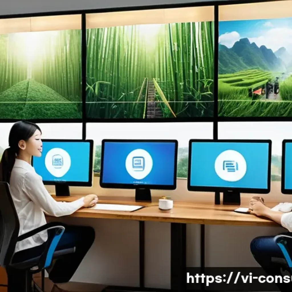 소비자중심 경영을 통한 고객 만족과 성공 사례 - A modern Vietnamese office scene showing a diverse team of marketing professionals analyzing custome...