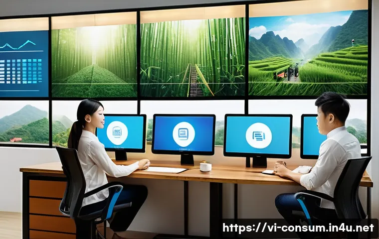 소비자중심 경영을 통한 고객 만족과 성공 사례 - A modern Vietnamese office scene showing a diverse team of marketing professionals analyzing custome...