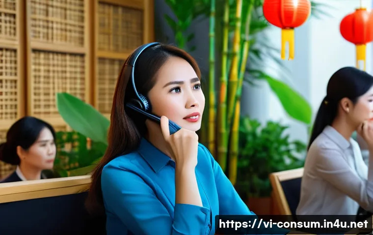 소비자 클레임 해결 실무 노하우 - A modern Vietnamese customer service center scene showing a diverse group of professional employees ...