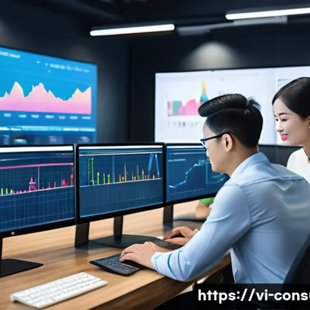 소비자 행동 데이터를 활용한 혁신적 비즈니스 전략 - A modern Vietnamese e-commerce office scene showing a diverse team of young professionals analyzing ...