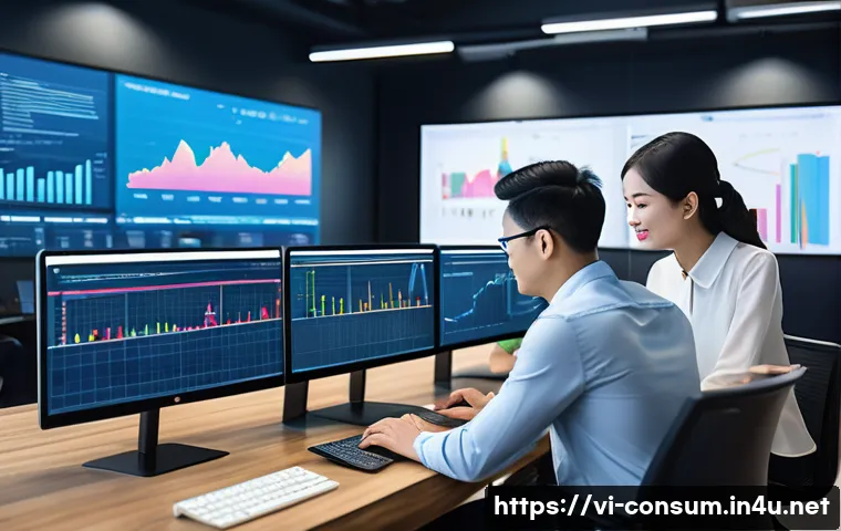 소비자 행동 데이터를 활용한 혁신적 비즈니스 전략 - A modern Vietnamese e-commerce office scene showing a diverse team of young professionals analyzing ...