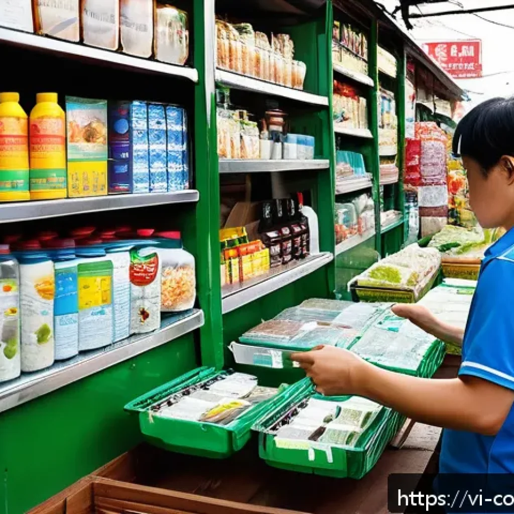 소비자 보호법 관련 판례 연구 - A bustling Vietnamese marketplace scene in Ho Chi Minh City showcasing a vigilant consumer inspectin...