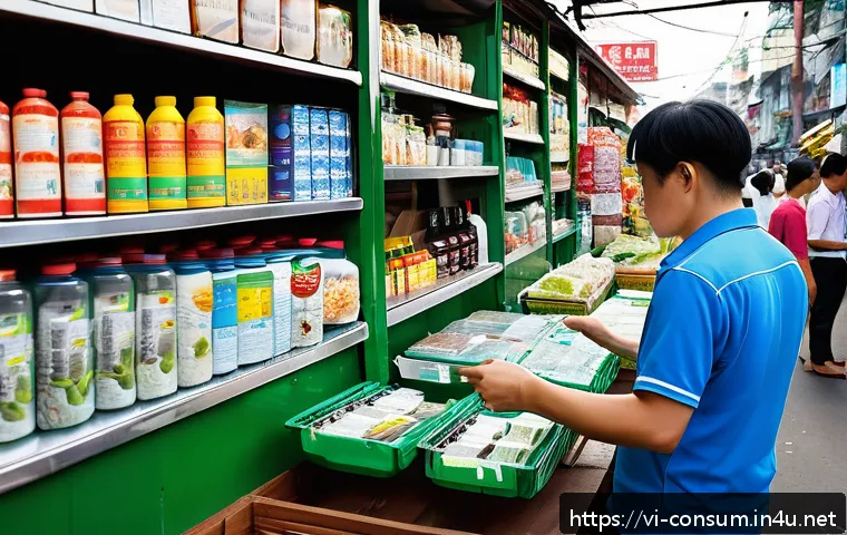 소비자 보호법 관련 판례 연구 - A bustling Vietnamese marketplace scene in Ho Chi Minh City showcasing a vigilant consumer inspectin...