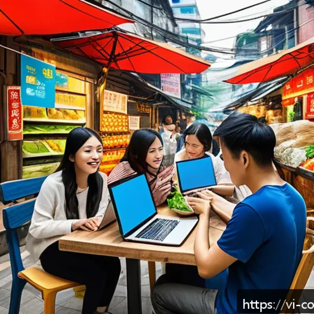 소비자 보호 관련 정책 사례 연구 - A vibrant Vietnamese online shopping scene featuring diverse consumers browsing a modern e-commerce ...