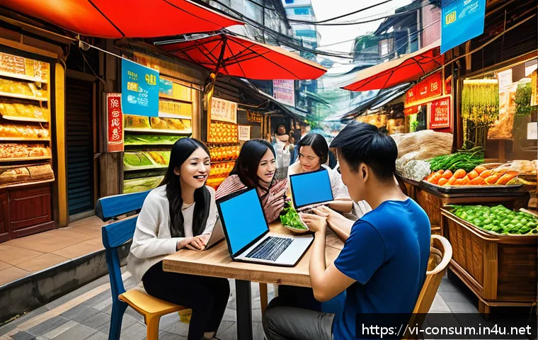 소비자 보호 관련 정책 사례 연구 - A vibrant Vietnamese online shopping scene featuring diverse consumers browsing a modern e-commerce ...