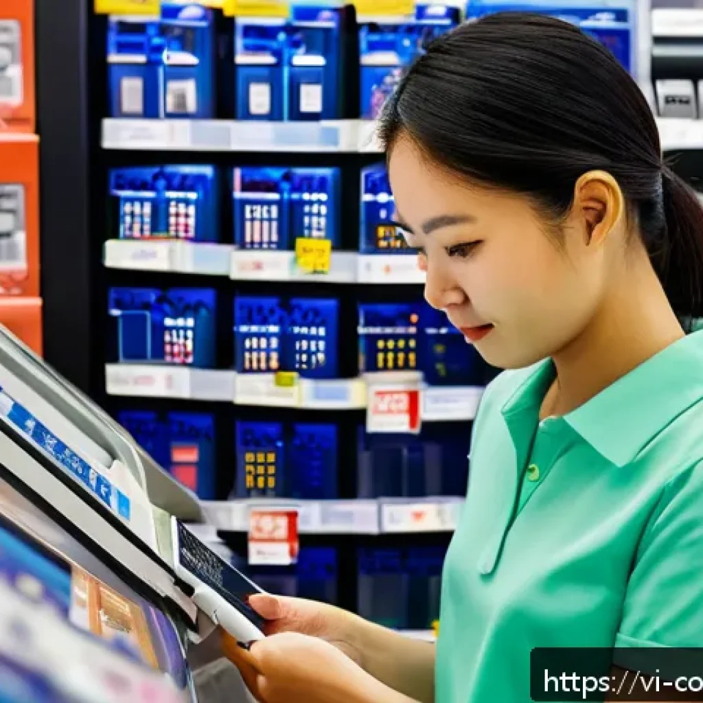 소비자 보호법 사례별 해석 - A detailed scene of a Vietnamese consumer carefully examining a smartphone in a modern electronics s...