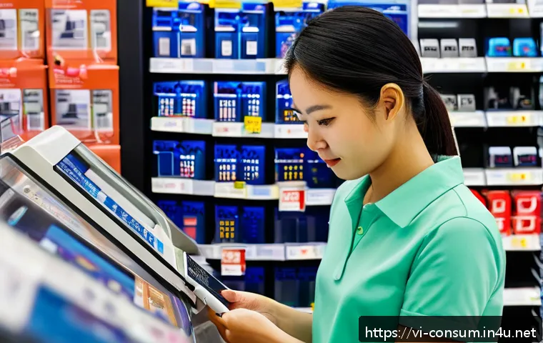 소비자 보호법 사례별 해석 - A detailed scene of a Vietnamese consumer carefully examining a smartphone in a modern electronics s...