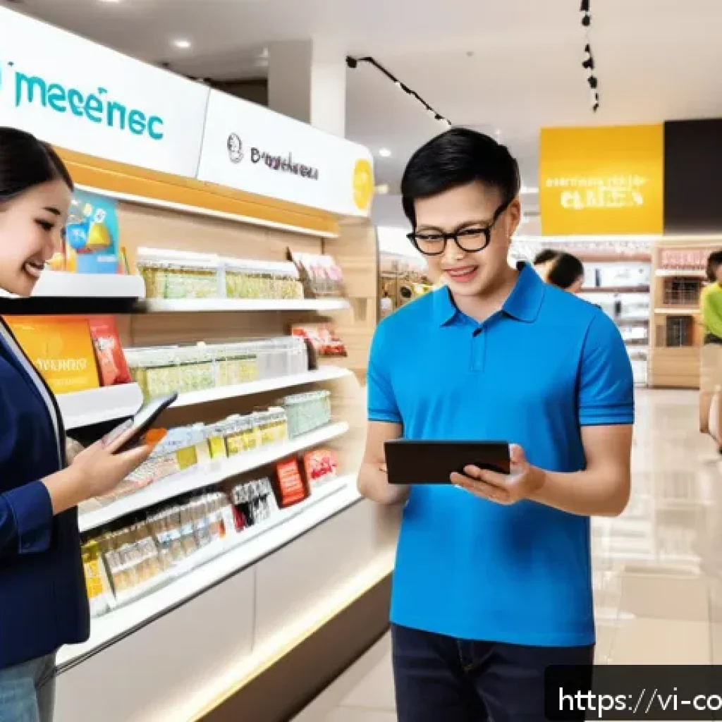 소비자 행동 데이터 활용과 실무 적용 사례 - A modern Vietnamese retail store interior bustling with diverse customers of various ages using smar...