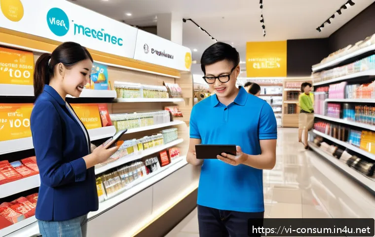 소비자 행동 데이터 활용과 실무 적용 사례 - A modern Vietnamese retail store interior bustling with diverse customers of various ages using smar...