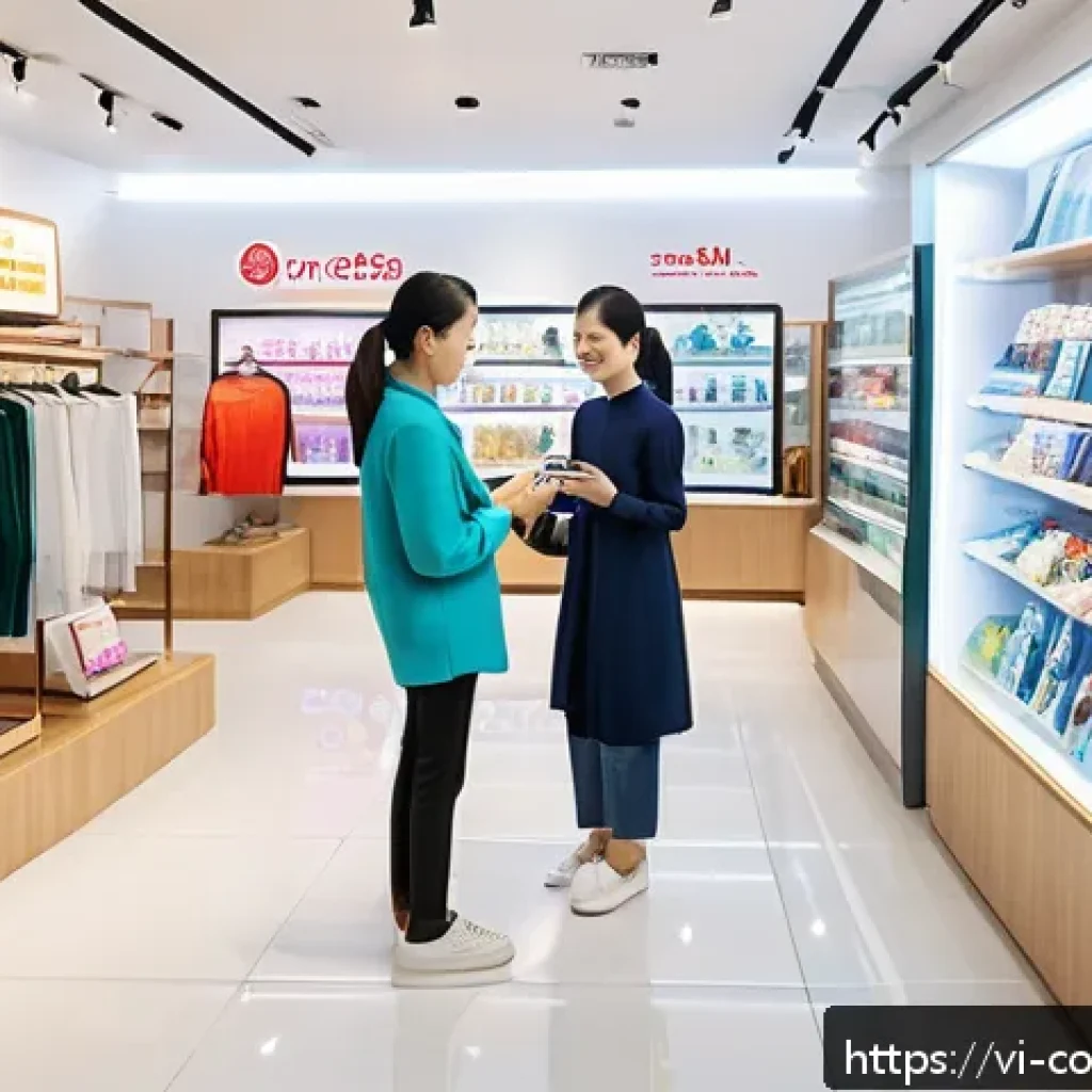 소비자중심 경영을 통한 기업 성공 전략 - A vibrant Vietnamese retail store scene showcasing a diverse group of customers engaging with person...