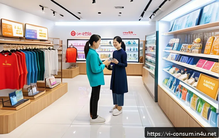 소비자중심 경영을 통한 기업 성공 전략 - A vibrant Vietnamese retail store scene showcasing a diverse group of customers engaging with person...