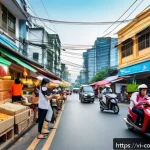 Home 19 소비자 행동 데이터를 활용한 미래 전망 - A vibrant Vietnamese urban scene showing diverse people shopping online using smartphones and laptop...