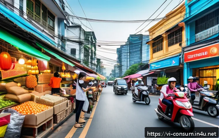 소비자 행동 데이터를 활용한 미래 전망 - A vibrant Vietnamese urban scene showing diverse people shopping online using smartphones and laptop...