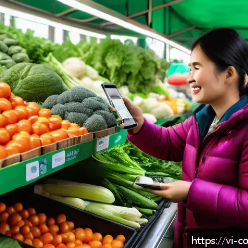 Home 30 소비자 보호와 관련된 최신 연구 논문과 사례 분석 - A modern Vietnamese marketplace scene featuring diverse consumers scanning QR codes on fresh vegetab...