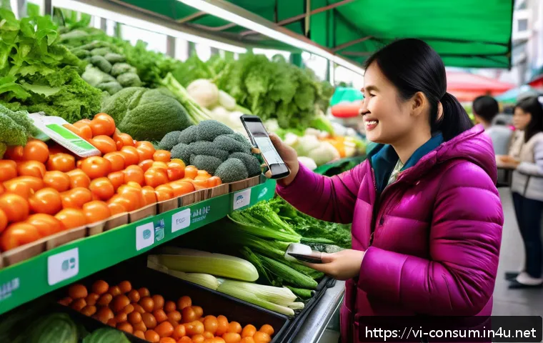 소비자 보호와 관련된 최신 연구 논문과 사례 분석 - A modern Vietnamese marketplace scene featuring diverse consumers scanning QR codes on fresh vegetab...