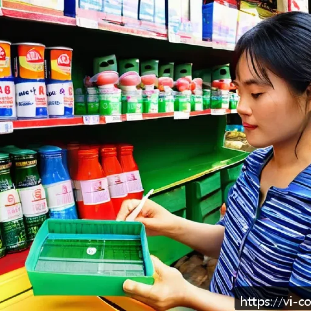 소비자 피해 사례를 통한 법적 대처 - A Vietnamese consumer carefully inspecting a product at a local market stall in Hanoi, surrounded by...