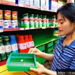 Home 23 소비자 피해 사례를 통한 법적 대처 - A Vietnamese consumer carefully inspecting a product at a local market stall in Hanoi, surrounded by...