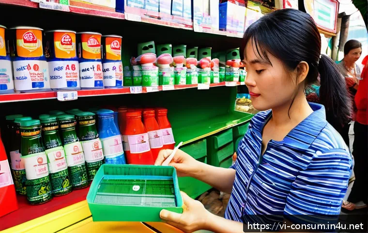 소비자 피해 사례를 통한 법적 대처 - A Vietnamese consumer carefully inspecting a product at a local market stall in Hanoi, surrounded by...